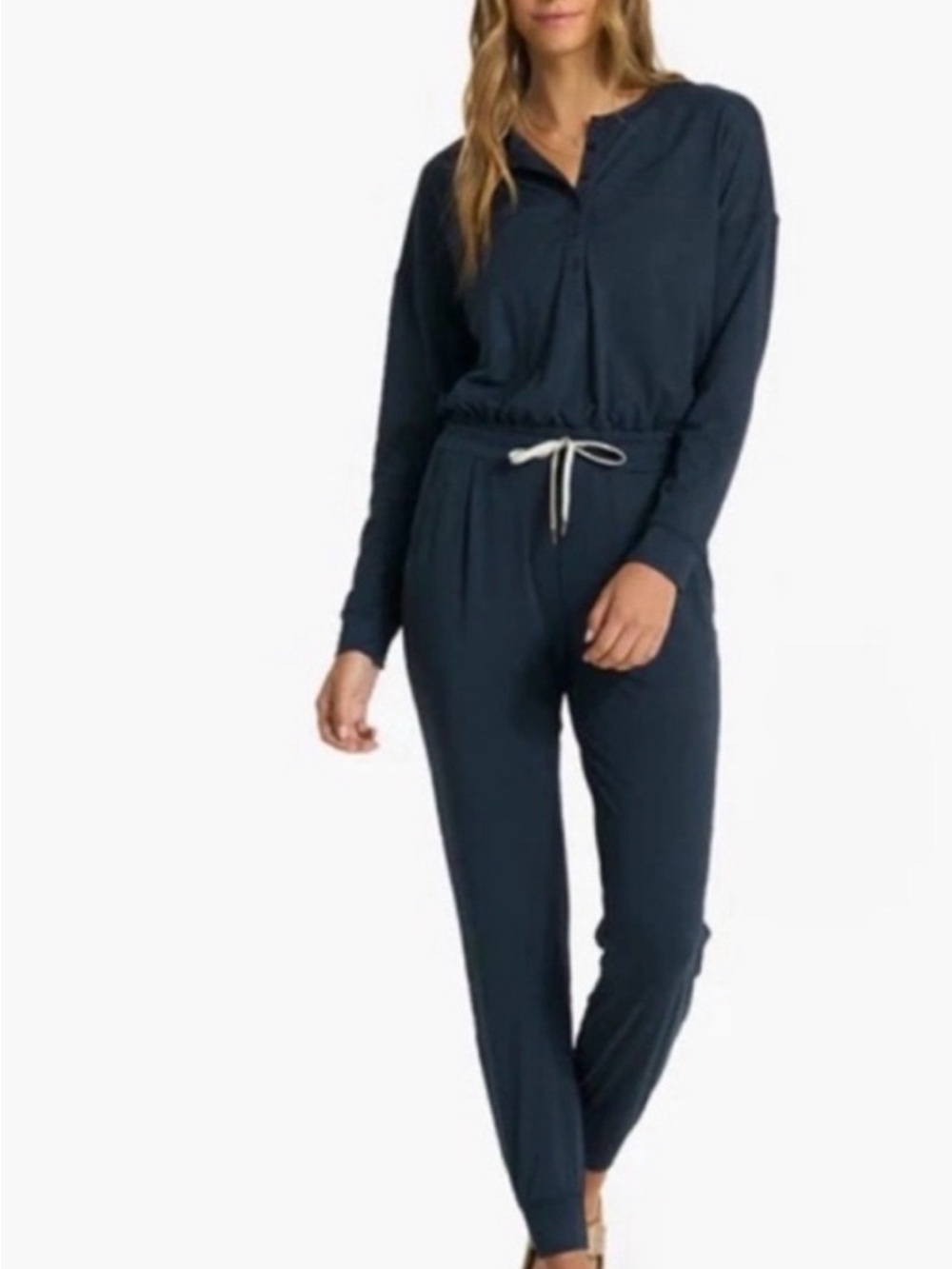 Vuori Navy Long-Sleeve Drawstring Jumpsuit